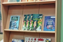 Nowe książki w bibliotece szkolnej ułożone na regale w bibliotece szkolnej