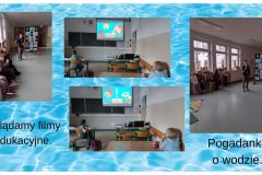 Uczniowie oglądający film o wodzie oraz biorący udział w pogadankach tematycznych