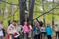 Zdjęcie grupowe uczniów. Uczniowie zebrani wokół drzewa