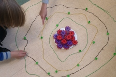 Model atomu na podłodze zrobiony z klocków, włóczki i talerzy(5)