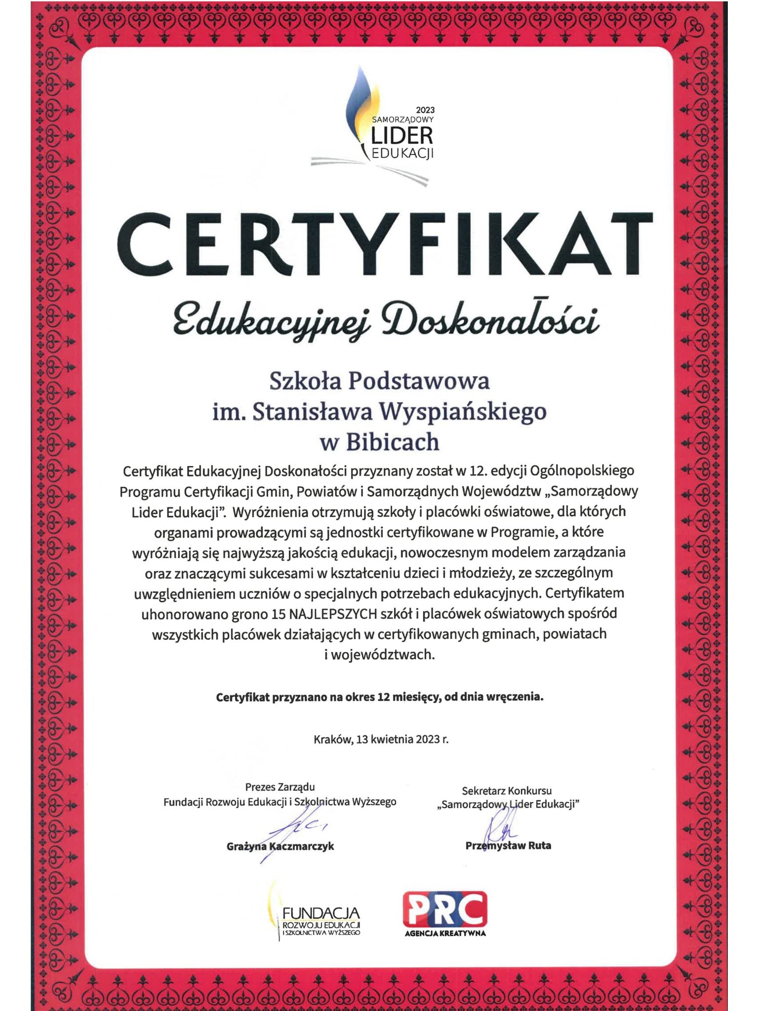 Lider Edukacji - Certyfikat "Edukacyjna Doskonałość"